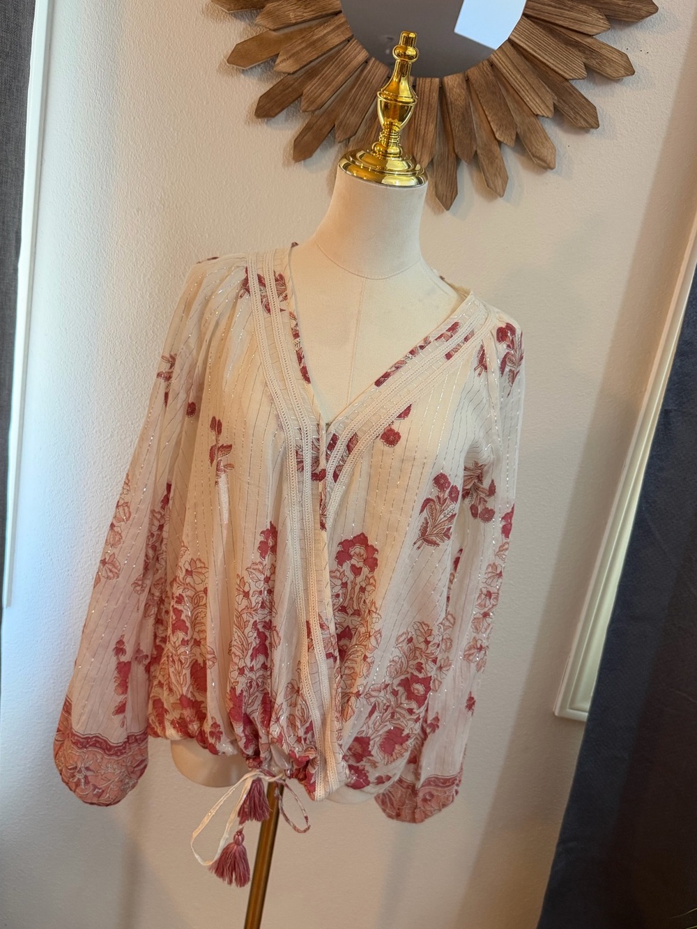 🌸 Love Stitch Boho Floral Shimmer Tassel Blouse – Size Small